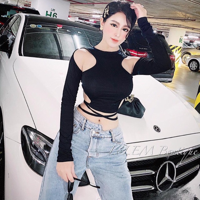 Áo croptop tay dài cut out buộc nơ eo siêu sexy -04N