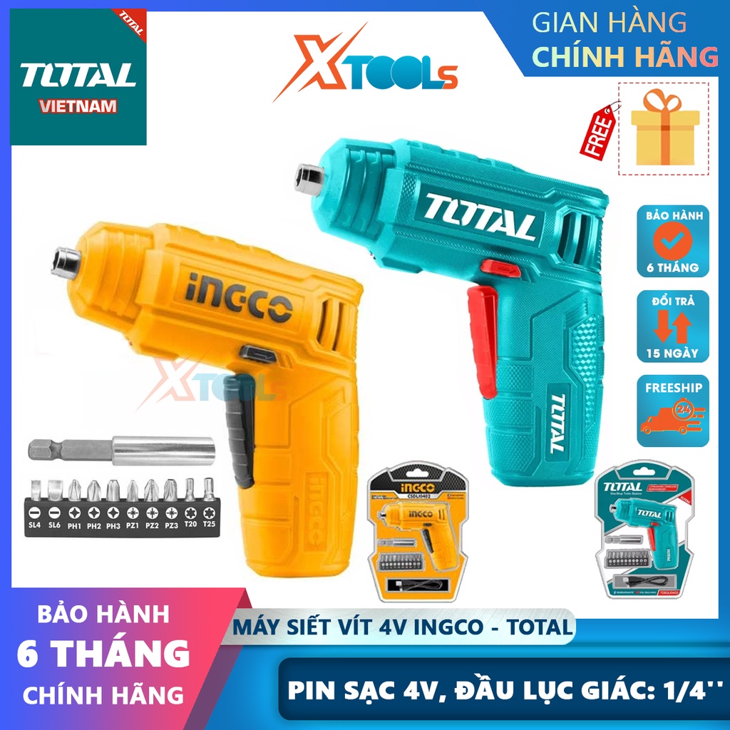 Máy bắn vít mini dùng pin 4V TOTAL - INGCO đầu lục giác 1/4'', tốc độ 180v/p, lực xoắn 4nm, CSDLI0402 hoặc TSDLI0402
