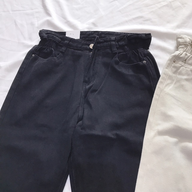 Quần baggy jean nhún eo. 2 màu đen - kem