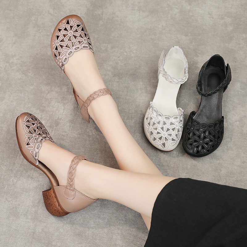 Sandal Cao Gót Hở Ngón Bằng Da Thật Đế Dày Có Lỗ Thoáng Khí Dành Cho Phụ Nữ Lớn Tuổi