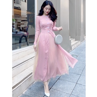 Áo dài tơ hoa đào, áo dài đính hoa chân váy voan a1011 kymie