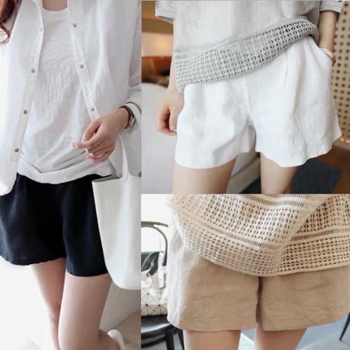 Quần Shorts đùi nữ chất Đũi cuộn thoáng mát 3 màu đen,trắng, be🍓Quần Shorts nữ ngắn chất đũi rộng lưng chun xếp ly xòe