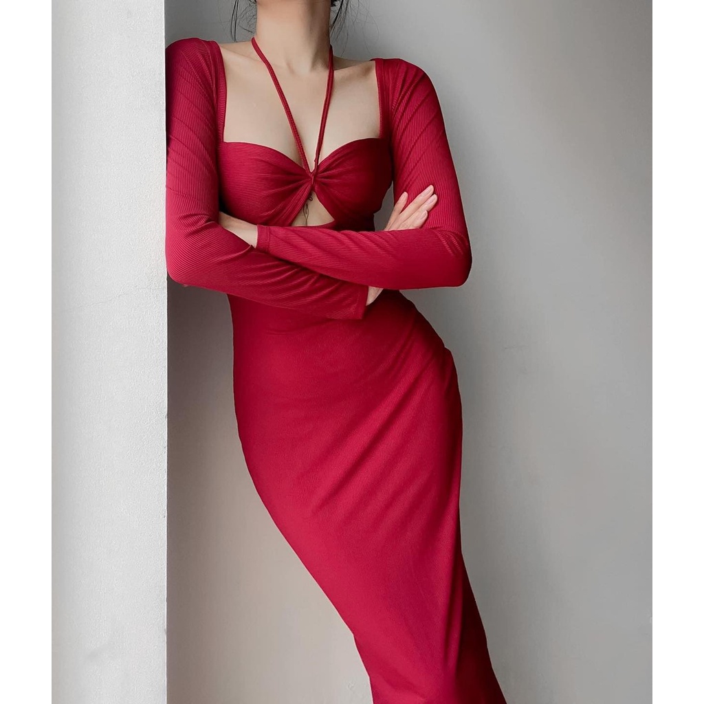 [HÀNG THIẾT KẾ CAO CẤP] Đầm Body Thun Gân Cổ Yếm Rút Ngực Tay Dài Tôn Dáng Màu Đỏ Sang Trọng Đi Tiệc Form Dài