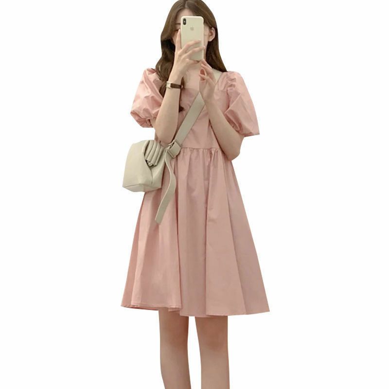 Váy babydoll màu Hồng, cổ vuông tay phồng hàng Quảng Châu siêu xinh - Có sẵn