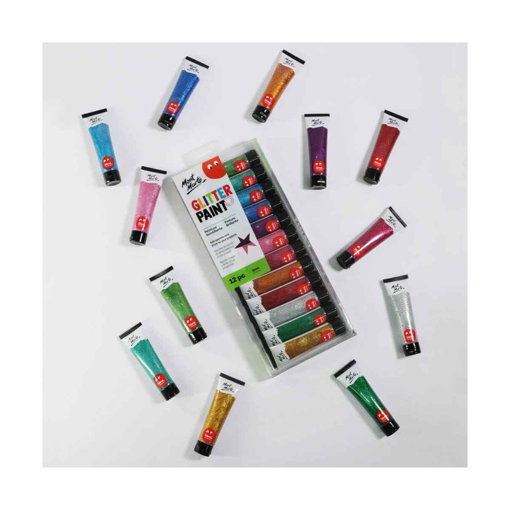 Màu Kim Tuyến Glitter Paint 36ml Mont Marte, Bộ 12 màu