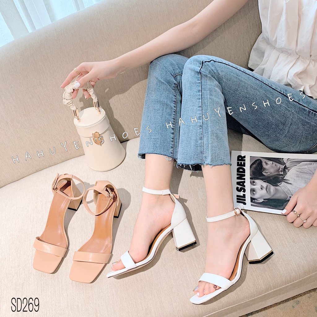 Sandal cao gót nữ Hà Huyền Shoes da quai ngang khóa cài cổ gót vuông viền vàng 5 phân - SD269