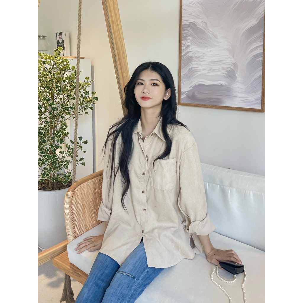 Áo sơ mi nhung tăm, sơ mi nữ, áo dài tay oversize có sẵn, max 63kg