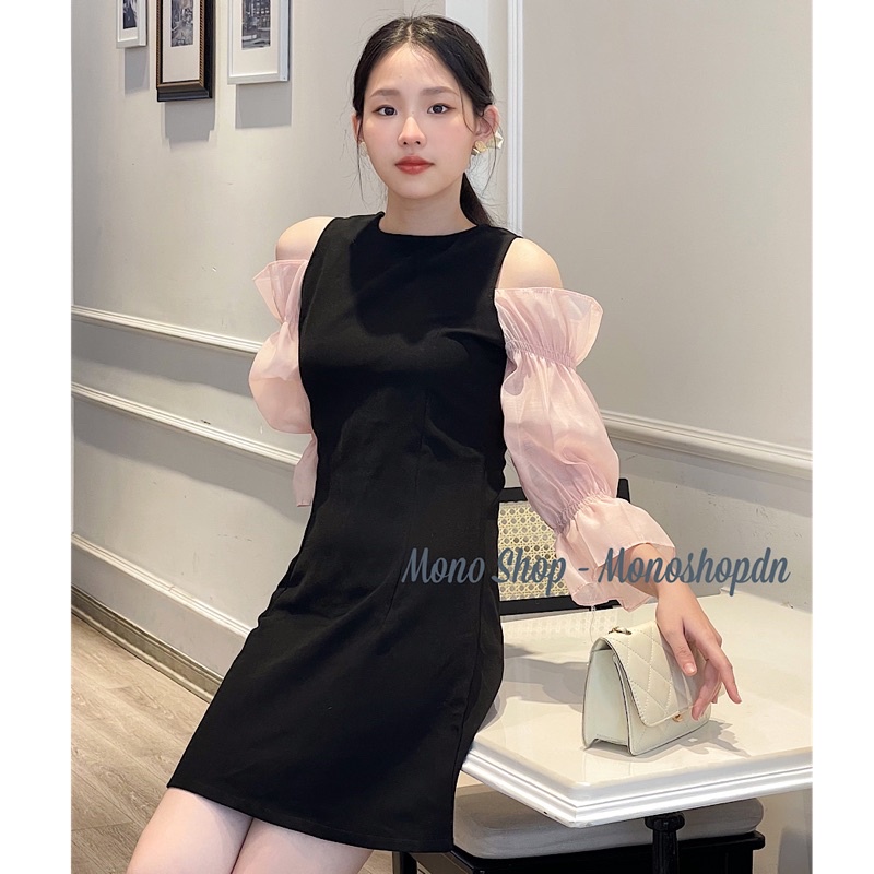 Đầm nhung đen nữ hở vai tay voan hồng dáng xoè nhẹ Ảnh thật/ sẵn | BigBuy360 - bigbuy360.vn