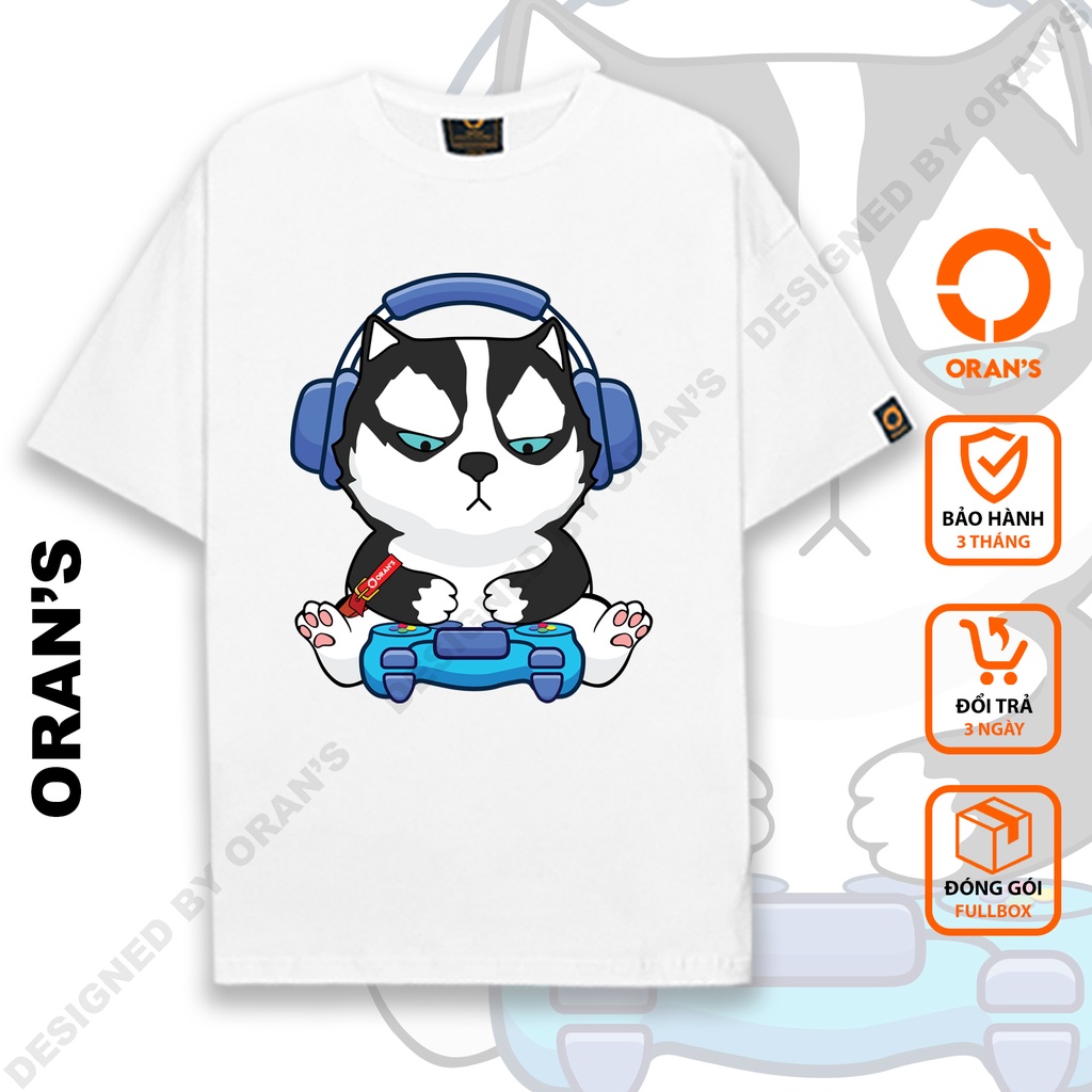 Áo thun tay lỡ ORAN'S Couple Tee in hình chó Husky chơi game áo đôi nam nữ Oversize chất COTTON 4C FULLBOX