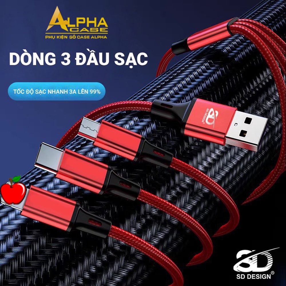 Cáp Sạc 3 Đầu L2 SD Design đa năng 3in1-Micro-Type C Dây Dù Sạc cho Samsung Oppo Xiaomi IP