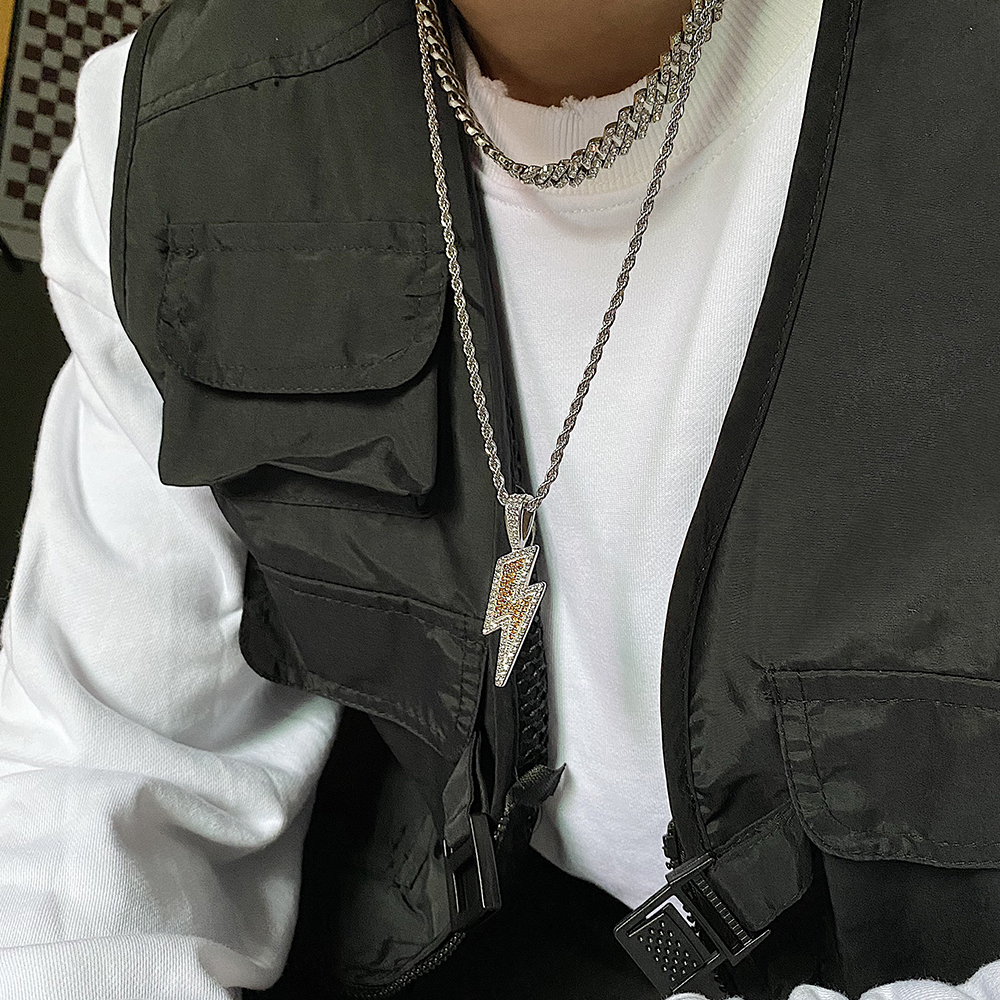 Dây chuyền 22729 mặt hình tia chớp đính kim cương phong cách hip hop đường phố cá tính cho nam
