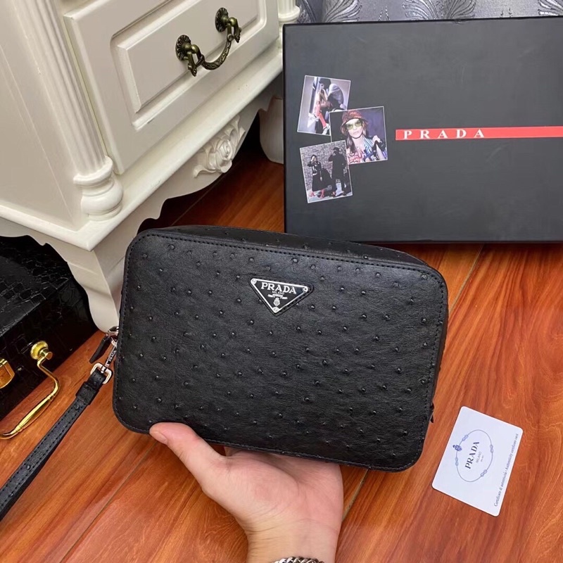 Clutch da thật cao cấp logo thương hiệu Prada thời trang nam màu đen trơn thiết kế độc đáo