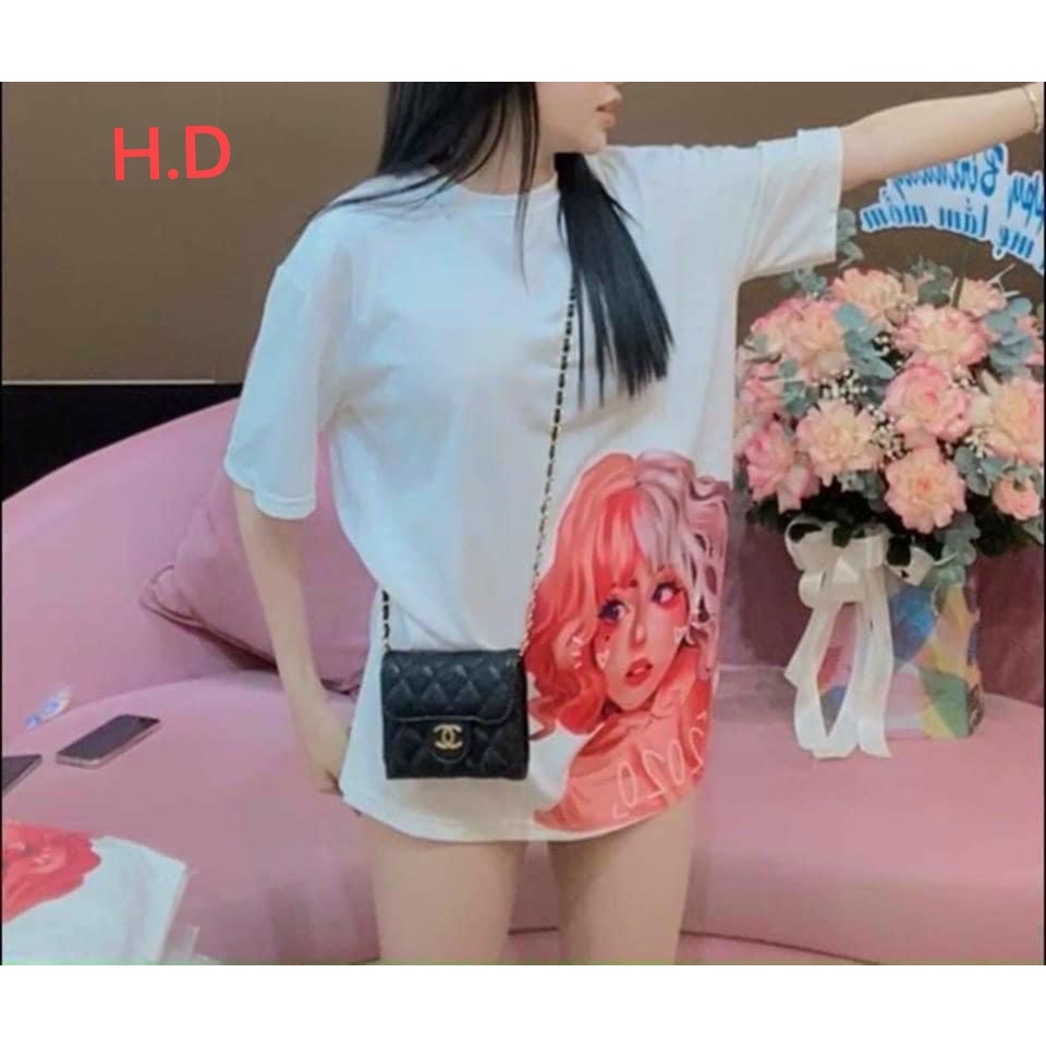 Áo phông hình cô gái  tóc 2 màu rộng đẹp tay lỡ kiểu hàn quốc, áo phông vải cotton siêu mịn
