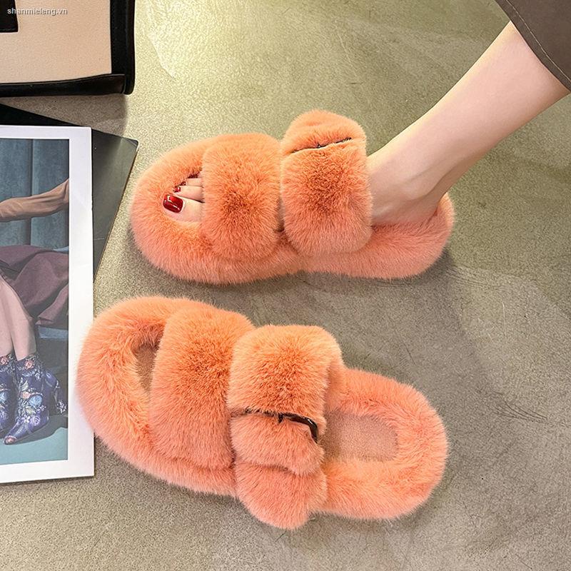 Dép cotton phối lông thỏ thật thời trang xuân thu mới 2022 cho nữ