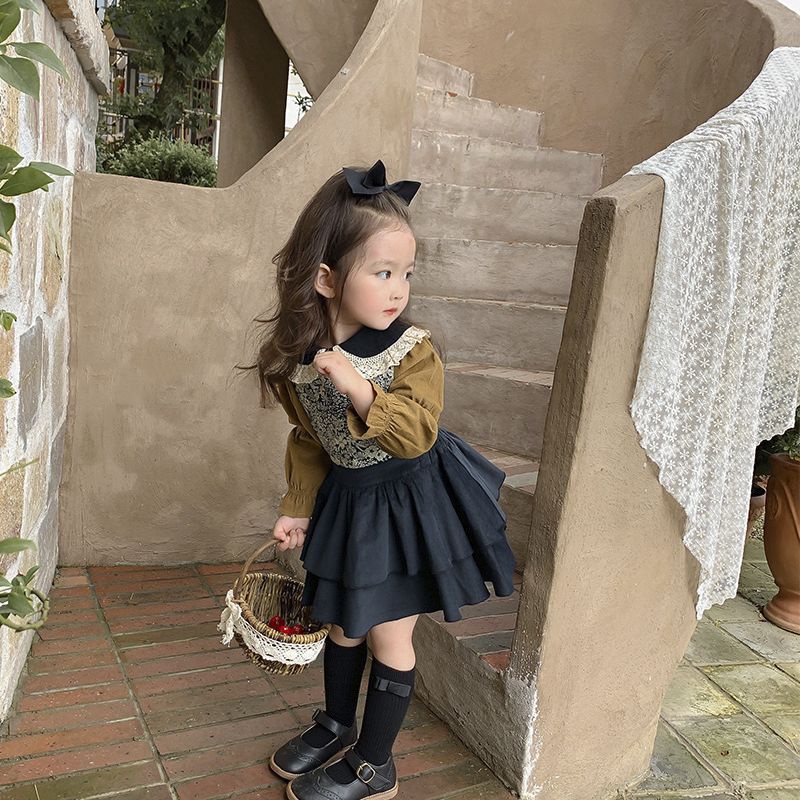 Set Áo Sơ Mi Vải Nhung Phối Ren + Chân Váy Yếm Thời Trang Mùa Thu 2021 Cho Bé Gái