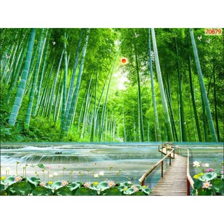 Tranh 3D dán tường in Vải Lụa tranh rừng trúc xanh KT 120x80cm