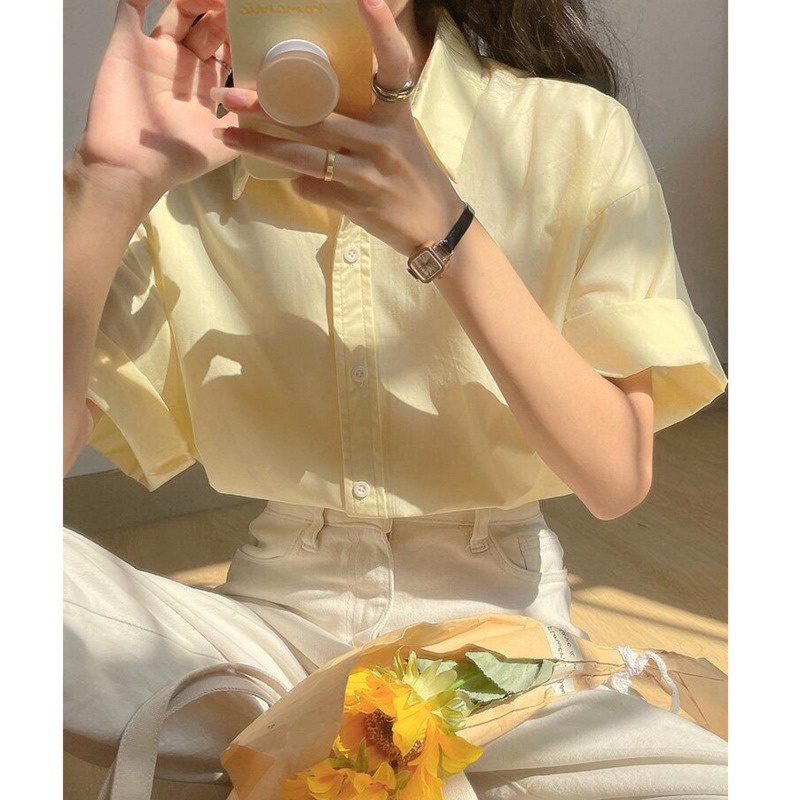 Áo Sơ Mi Trơn Ngắn Tay 164714 Áo Cardigan Form Rộng Kiểu Dáng Đơn Giản Hợp Thời Trang