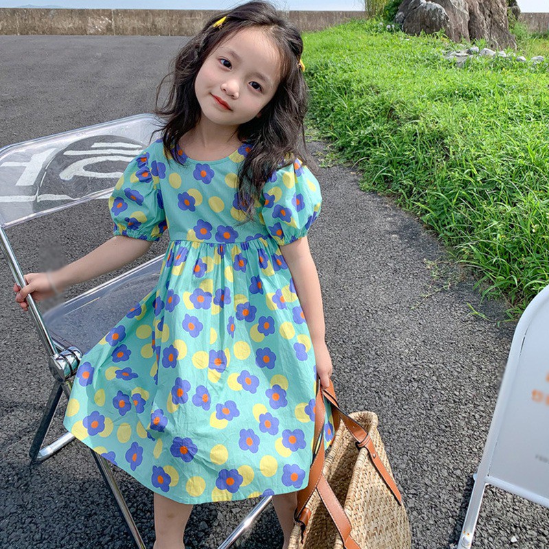 Đầm tay phồng hở lưng họa tiết hoa phong cách retro Hàn Quốc dành cho bé gái
