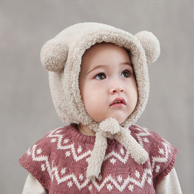 Mũ Len Dày Đính Tai Gấu Dễ Thương Cho Bé