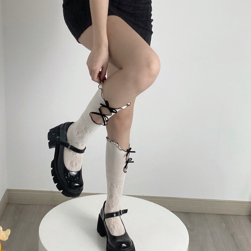 Đôi Vớ Ren Hai Lớp Đính Nơ Họa Tiết Hoa Dành Cho Nữ