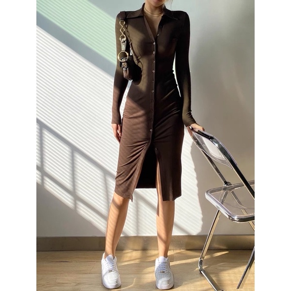 Đầm thun tay dài màu nâu ôm eo dáng dài lệch tà
