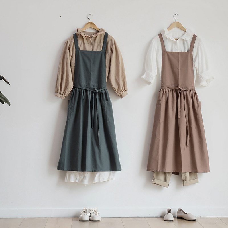 Tạp Dề Cotton Lanh Đan Chéo Lưng Phong Cách Nhật Bản Cho Nữ