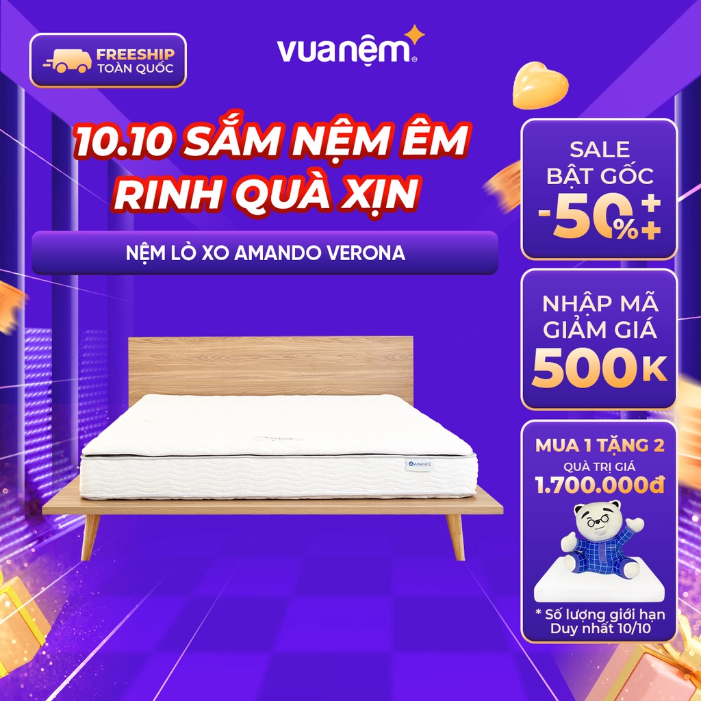Nệm lò xo Amando Verona túi độc lập, nâng đỡ cơ thể tối đa, cuộn hút chân không tiện lợi