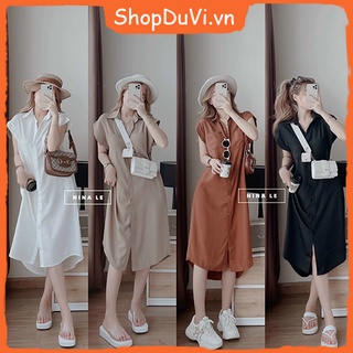Đầm đũi dáng suông dài phối nút giữa tay ngắn tiếp viên cổ sơ mi trang nhã
