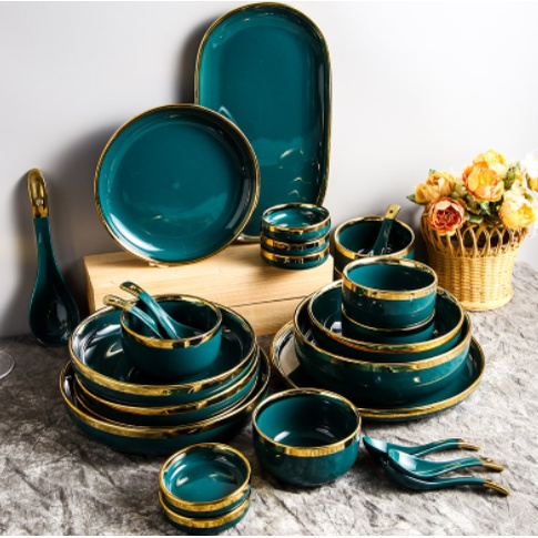 Bộ bát đĩa cao cấp xanh cổ vịt,chén dĩa decor đẹp 26 món viền vàng các màu phong cách Bắc Âu