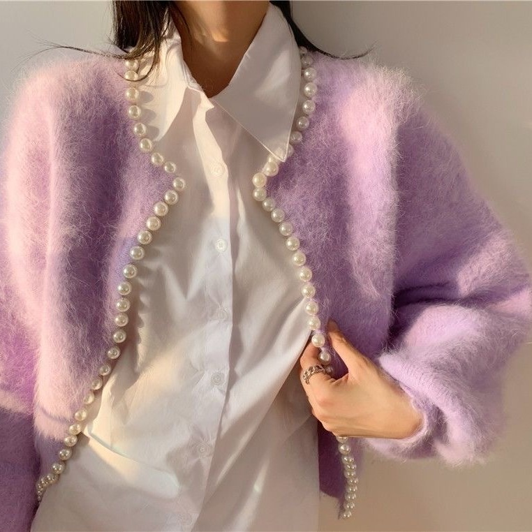 Áo Khoác Cardigan Dệt Kim Tay Phồng Đính Ngọc Trai Giả Lông Chồn Nhân Tạo Phong Cách Chanel Ngọt Ngào Mùa Xuân Thu