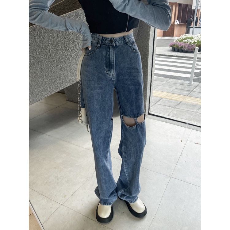 Phong cách mới!F &amp; X Quần Jeans Rách Ống Rộng Lưng Cao Thời Trang Mùa Hè Cho Nữ 2022