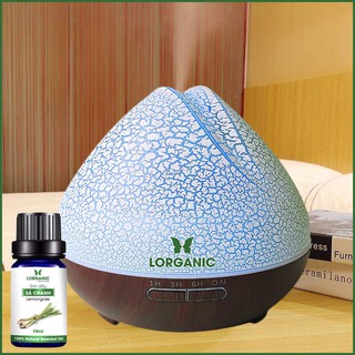 Combo máy khuếch tán/ máy xông tinh dầu Lorganic Quả Đào vân rạn đế gỗ nâu FX2059 + tinh dầu sả chanh 10ml