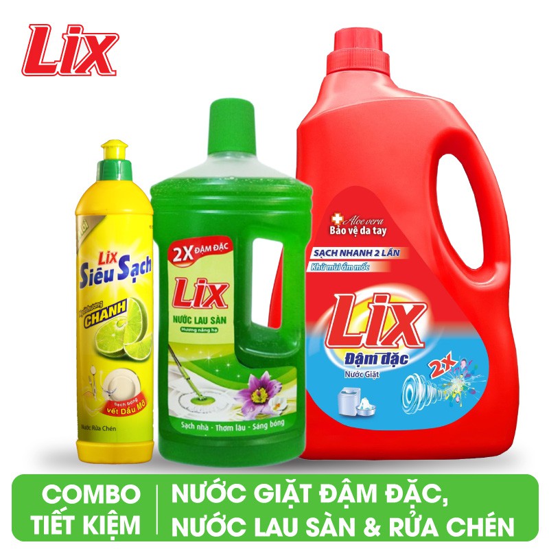 Combo Nước giặt Lix đậm đặc hương hoa 2Kg + Nước lau sàn hương nắng hạ 1L + Nước rửa chén siêu sạch hương chanh 800g