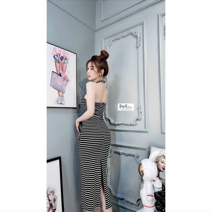 Đầm body dáng dài cổ yếm chéo sọc ngang xẻ tà chất thun gân mẫu mới