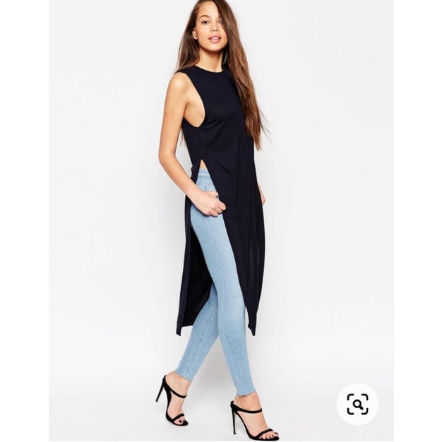 Áo dáng dài voan chiffon xẻ tà sâu hai bên f21 VNXK áo sơ mi sát nách giả đầm longline xuất khẩu dư xịn màu đen