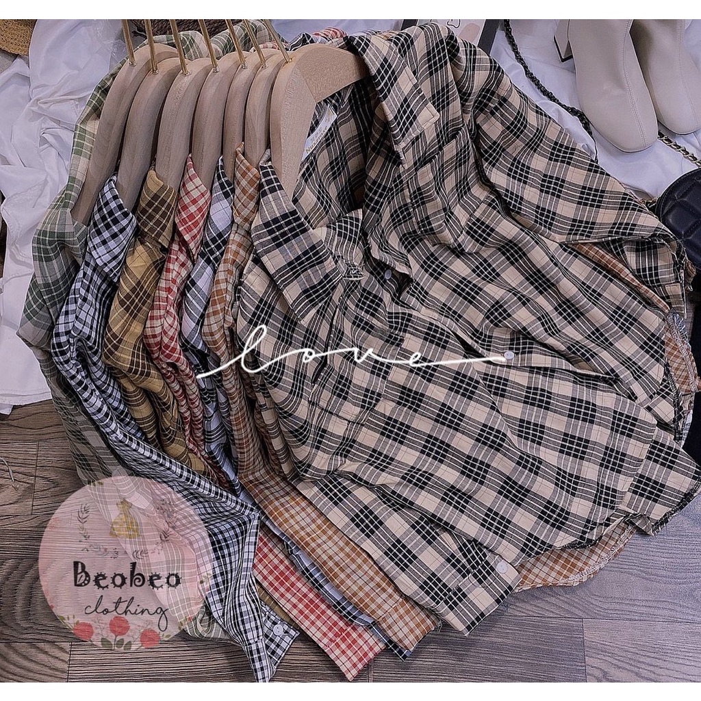 Áo sơ mi oversize sọc kẻ caro tay phồng nhiều màu ulzzang