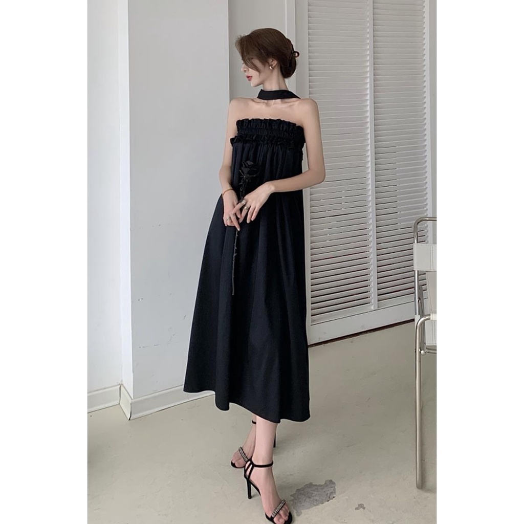Đầm Cổ Yếm Màu Đen Phong Cách Pháp Thời Trang Mùa Hè Quyến Rũ Cho Nữ