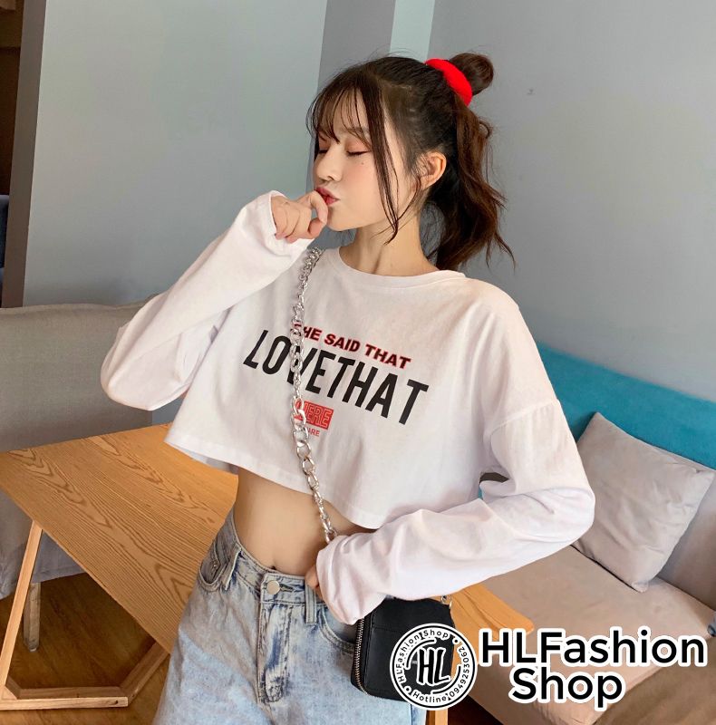 Áo thun croptop nữ tay dài Love That, áo thun nữ HLFashion