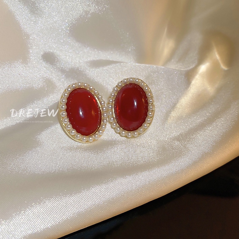 DREJEW Bông Tai Mạ Bạc Hình Oval Đính Ngọc Trai Thời Trang Cao Cấp