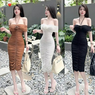 Đầm nhũ bẹt vai nhúm nhúm đính hoa ngực dáng dài