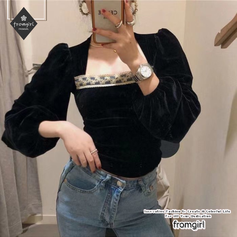 Áo Sơ Mi Tay Dài Cổ Vuông Bằng Vải Nhung Màu Đen Phong Cách Pháp Thời Trang 2022