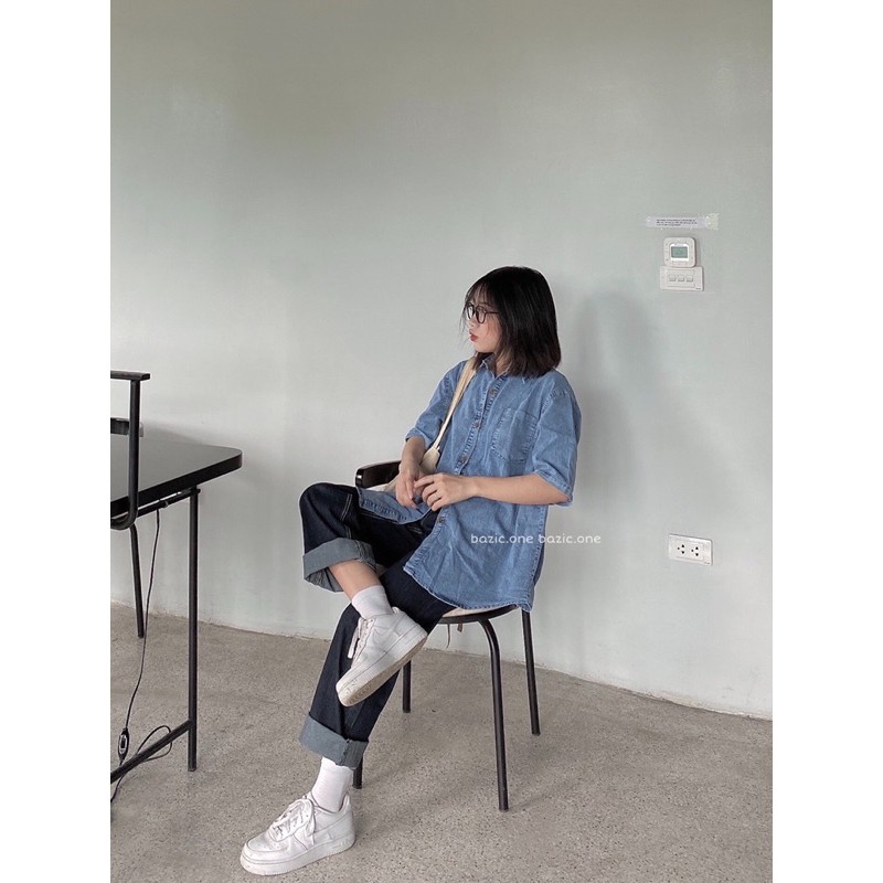 Áo sơ mi denim 1 túi, sơ mi bò cộc tay 1 túi Bazic one | BigBuy360 - bigbuy360.vn