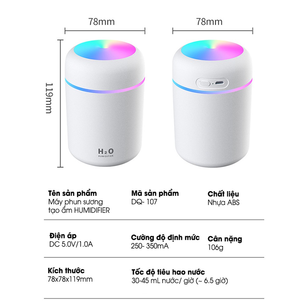 Máy khuếch tán tinh dầu HUMIDIFIER có đèn Led dung tích 300ml xoay nhiều màu, máy phun sương tạo ẩm cao cấp