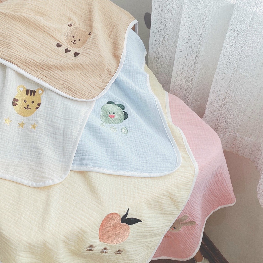Chăn gạc 2 lớp kiêm khăn tắm khăn lót đầu Monona cho bé từ sơ sinh họa tiết gấu, thỏ hổ, khủng long, đào