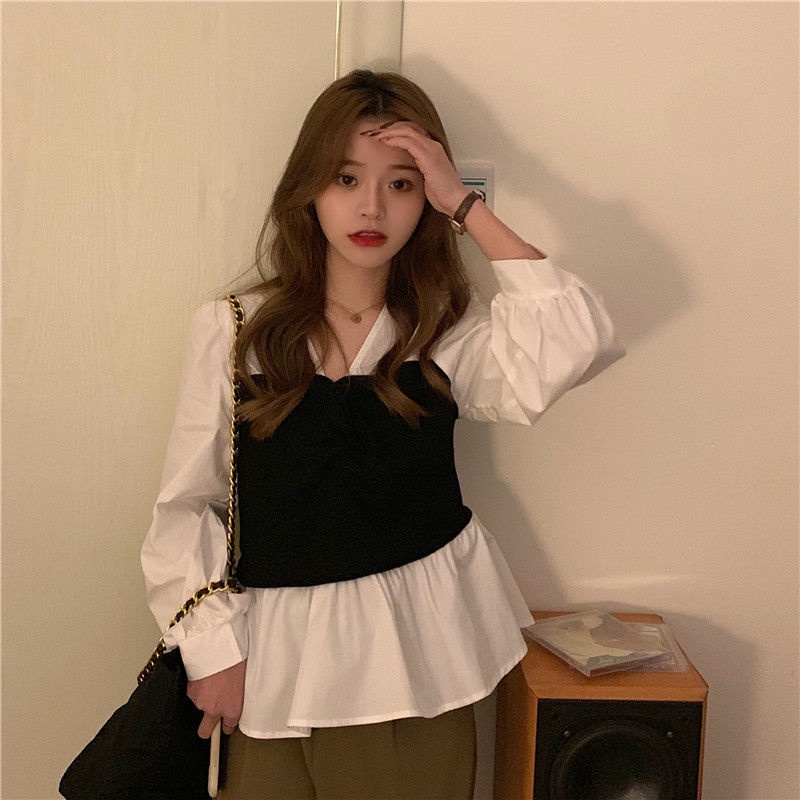 Áo Sơ Mi Tay Dài Giả Hai Lớp Phối Màu Tương Phản Thời Trang 2022 Cho Nữ