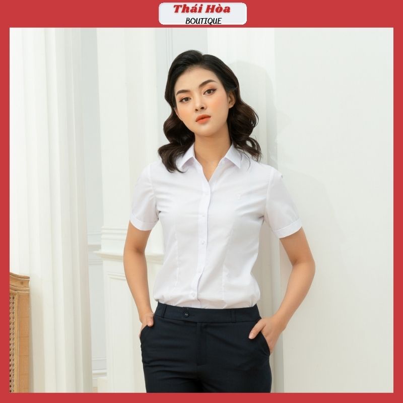 Áo sơ mi nữ tay ngắn bigsize trắng đẹp kiểu công sở cotton Thái Hoà N047-01-01