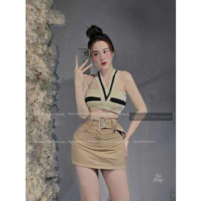 Chân váy bò thô kèm đai quảng châu