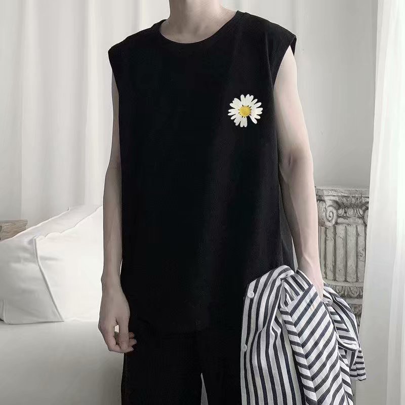 Áo thun không tay cổ tròn dáng rộng phong cách Hàn Quốc cho nam