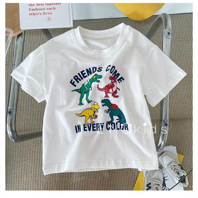 Áo Thun cotton Tay Ngắn Cổ Tròn Dáng Rộng Kiểu Hoạt Hình Khủng Long Ngộ Nghĩnh Phong Cách Nhật Bản Cho Bé