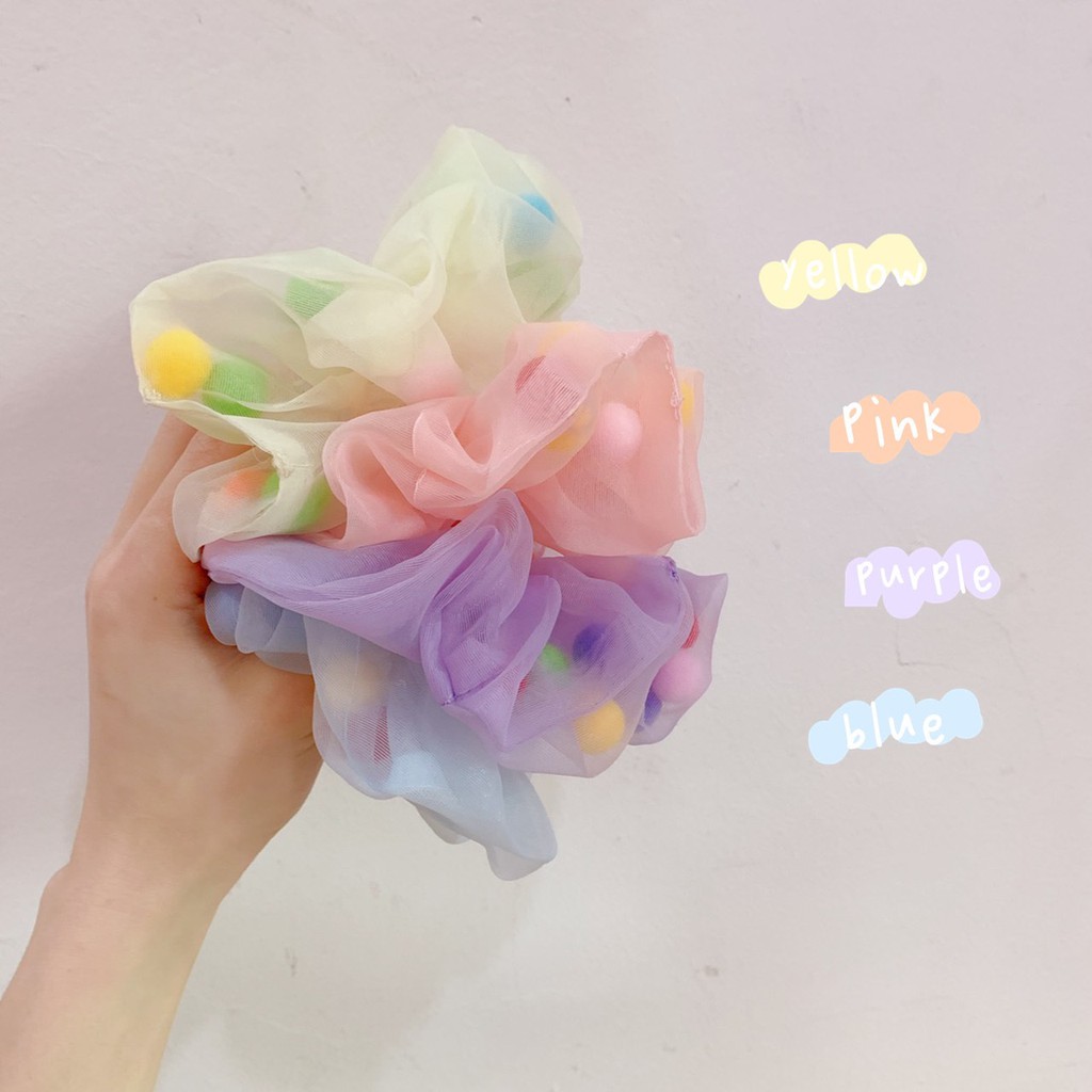 Scrunchies cột tóc hạt màu bảy sắc cầu vòng pom pom cục bông tinh nghịch